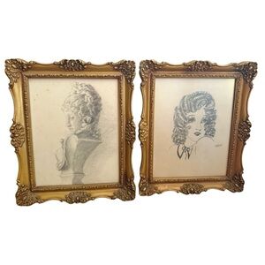 Antique Pair Original Drawing Pencil Graphite Female Portrait Vintage Gold Frame